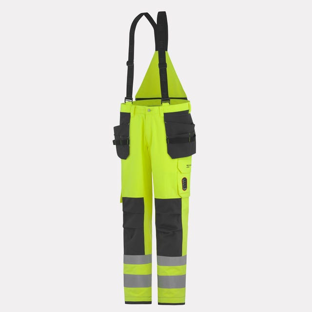 High-visibility work pants with suspenders on a white background