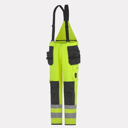 High-visibility work pants with suspenders on a white background